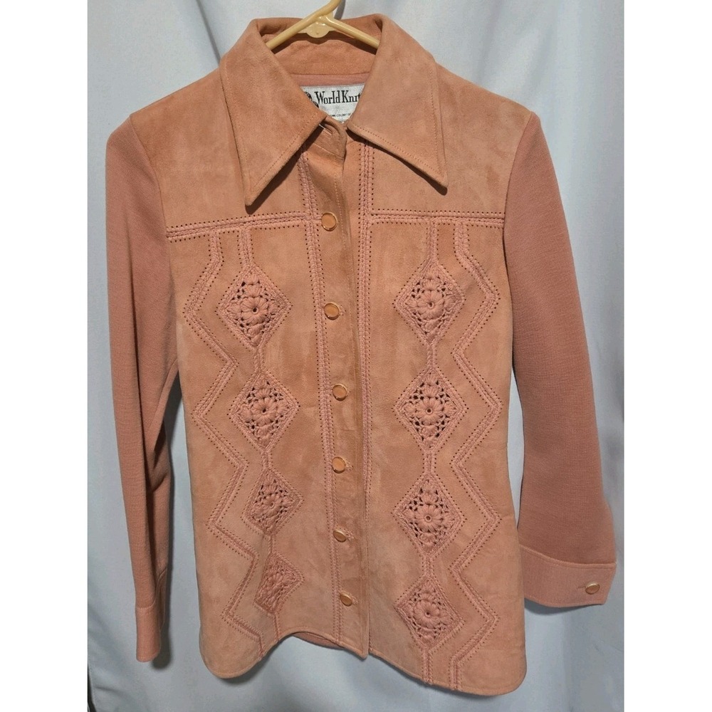 Vtg 70s World Knits Wool Suede Jacket Dagger Collar Embroidered Pink XS S